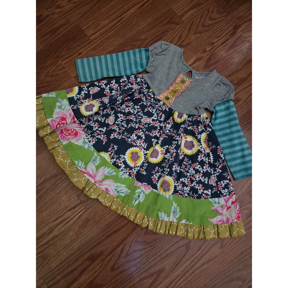 Mustard Pie Girls 2T Mixed Media Floral Ruffle Dress Long Sleeve Grey Teal Multi